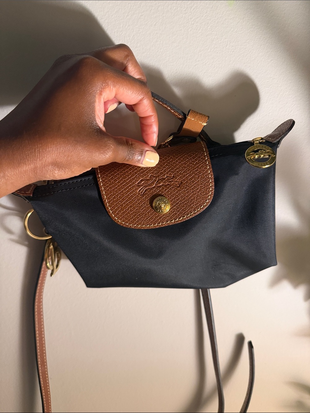 Longchamp Black Nylon Crossbody with Brown Leather Flap